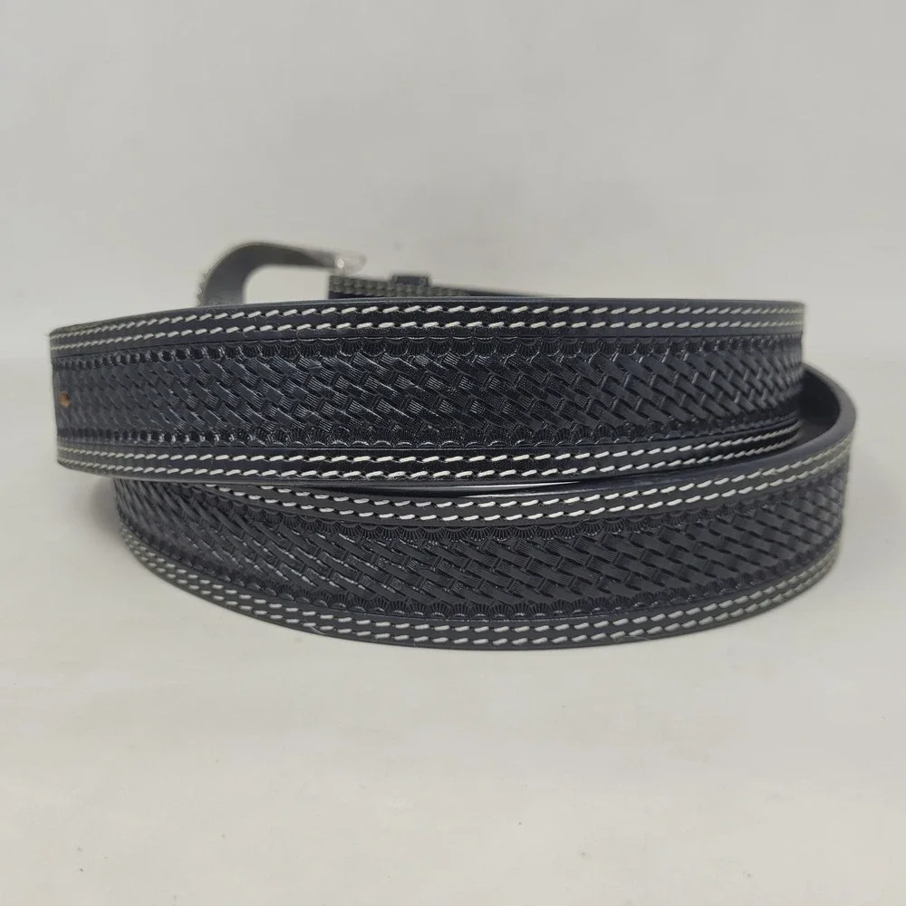 Cowboy Chrome Belt Mens 46 Black Leather Handtooled Basketweave Western Cowboy